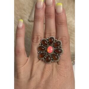 Huge Native American Sterling Silver Amber & Pink Fire Opal Cluster Ring 925